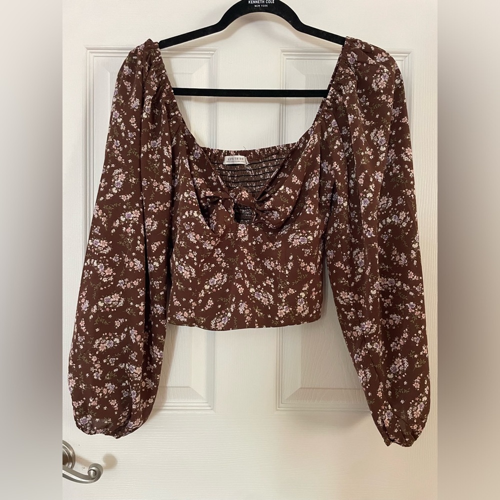 12th Tribe Brown Floral Tie-Front Puff Sleeve Crop Top